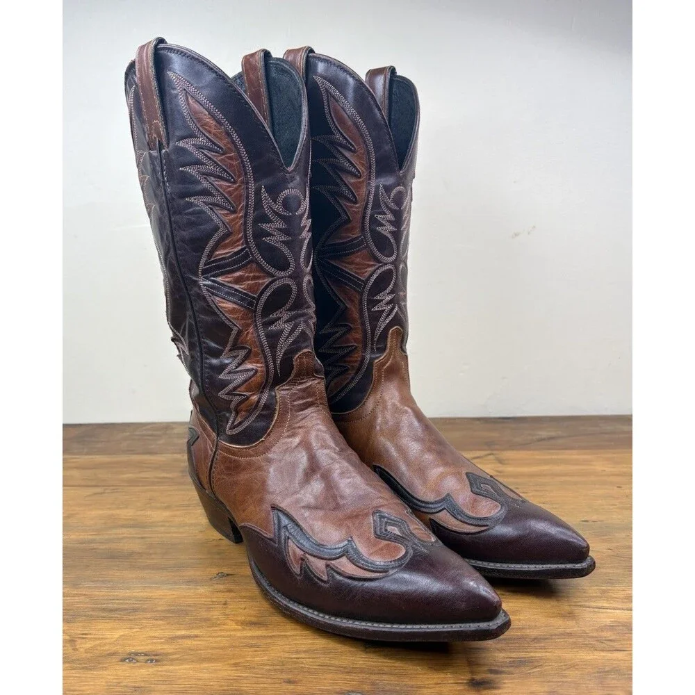 Vtg. Code West Two Tone Leather Flame Inlay Cowboy Boots Mens 10 M USA Western